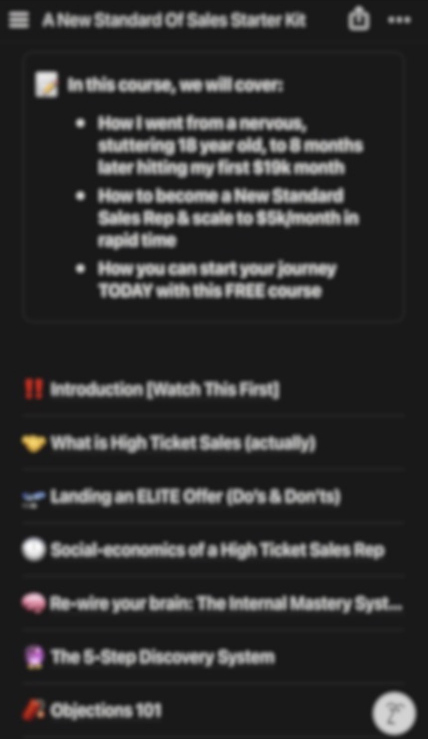 Preview of the free course: A New Standard Of Sales Starter Kit, showing lessons like Introduction, What is High Ticket Sales, Landing an ELITE Offer, and more.
